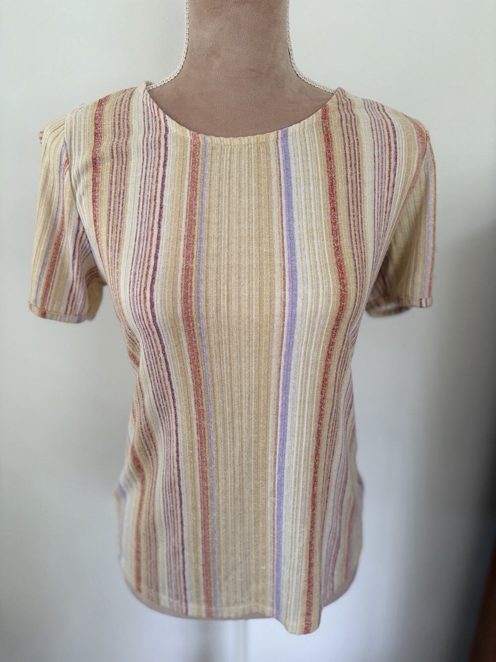 Another Reason Striped Ribbed Top Womens Short Sleeve Crisscross Sleeve Neutral